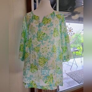 J. Jill Green and Blue TROPICAL Linen Top XXL